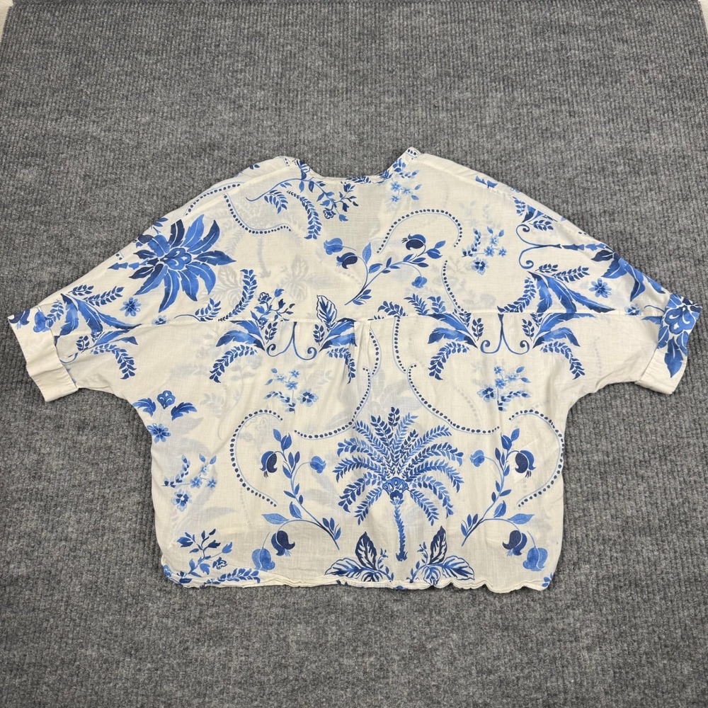 Mango MNG Popover Blouse Womens 8 Floral Cotton Short Sleeve Cottage Coastal - Picture 2 of 9